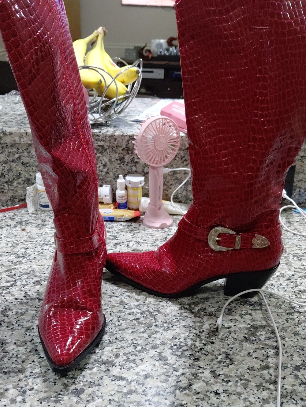 Red Croc-Embossed Pointed-Toe Knee Boots with Buckle Size 10M For Western Look